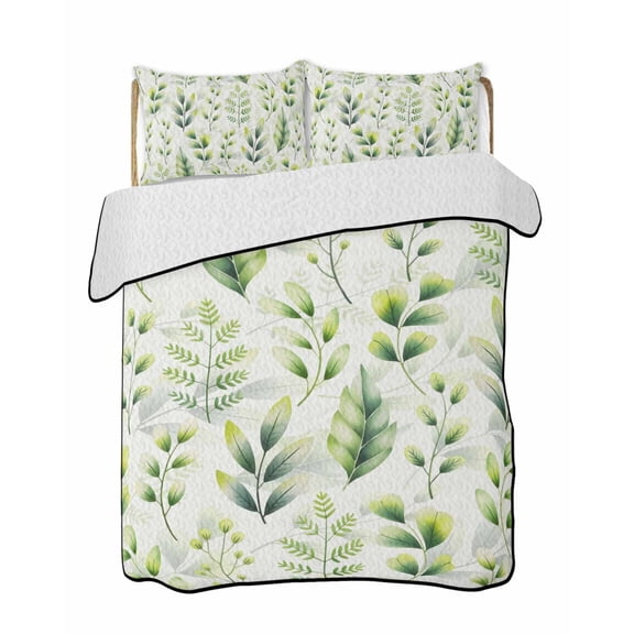 Green Leaf 3 Piece Quilt Bedding Set with 2 Pillow Shams, Spring Plant Branch Gradient Abstract Shadow Lightweight Bedspread Coverlet, Soft Breathable All Season Quilt, 68 x 86 Inch