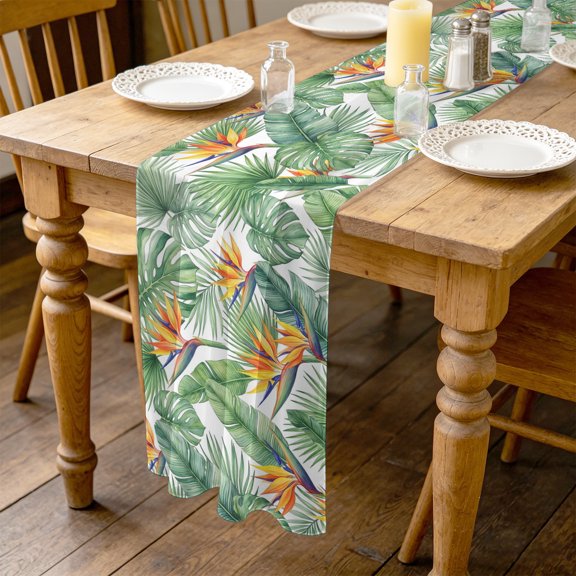 Green Leaf 4.5ft Cheesecloth Table Runner for Wedding 19"x55", Bright Bird of Paradise Flower Emerging from Lush Greenery Kitchen Dinner Sheer Tulle Chiffon Dresser Scarf, Holiday Party Decorations