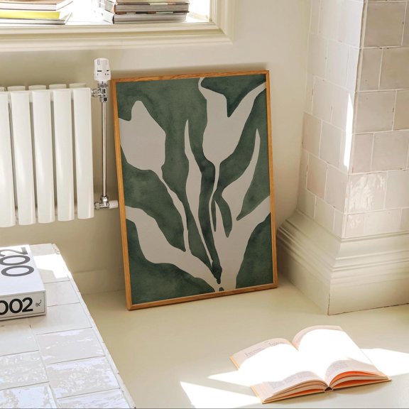 Green Leaf Abstract Botanical Line Art Japandi Decor, Unframed Poster