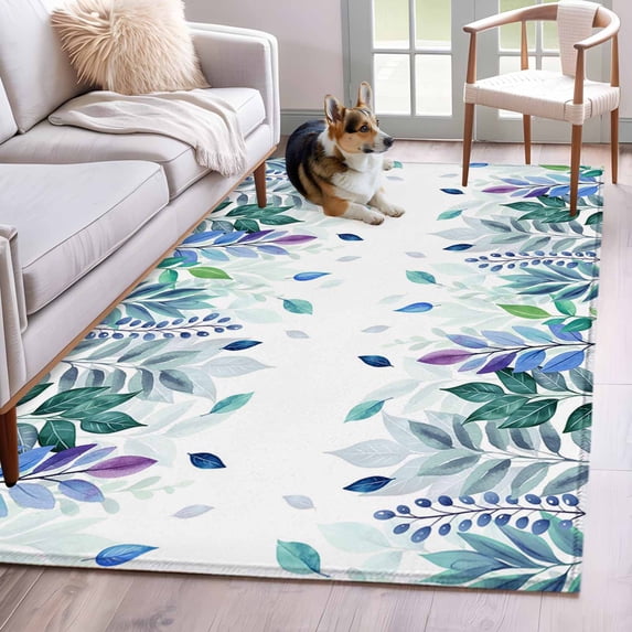 Green Leaf Area Rug 3x5 Washable Rug Non Slip Country Blue Purple Botanical Plant Fruits Large Area Rug Indoor Floor Carpet for Entryway Bedroom Kitchen Living Room Home Office Dining Room Nursery