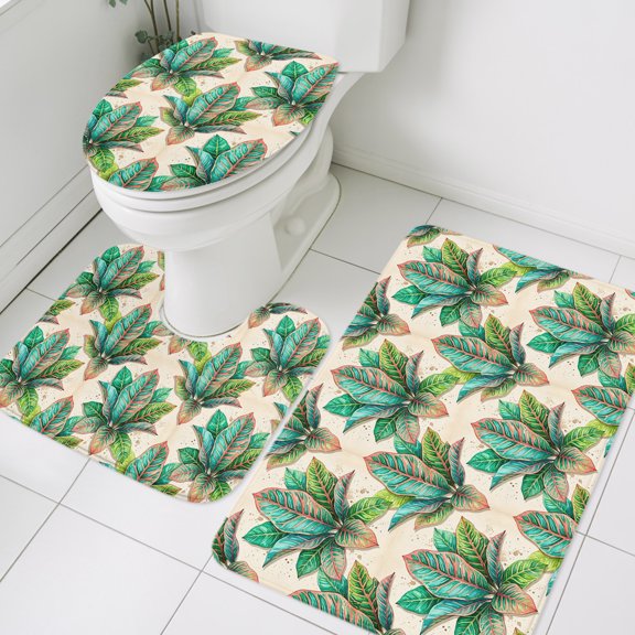Green Leaf Bathroom Rugs Set Botanical Tropical Lush Foliage Deep Green Leaf Non Slip Absorbent Soft Bath Mats 3 Piece Set with Bathroom Rug, U-Shaped Floor Mat, Toilet Seat Cover Large Size