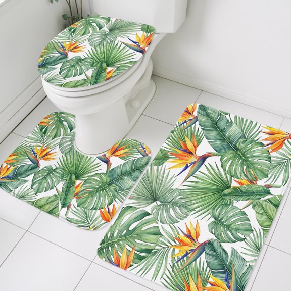 Green Leaf Bathroom Rugs Set Bright Bird of Paradise Flower Emerging from Lush Greenery Non Slip Absorbent Soft Bath Mats 3 Piece Set, Bathroom Rug, U-Shaped Floor Mat, Toilet Seat Cover Large Size