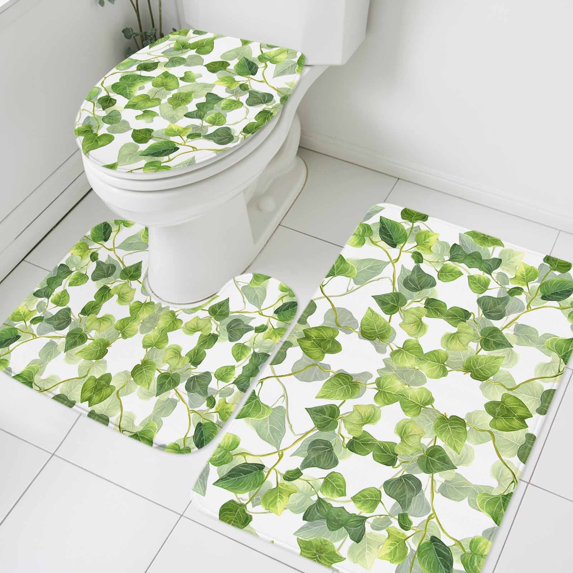 Green Leaf Bathroom Rugs Set Spring Watercolor Country Green Leaves Plant Non Slip Absorbent Soft Bath Mats 3 Piece Set with Bathroom Rug, U-Shaped Floor Mat, Toilet Seat Cover Small Size