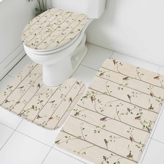 Green Leaf Bathroom Rugs Set Vintage Spring Green Leaf Branches Plant Birds Linen Texture Non Slip Absorbent Bath Mats 3 Piece Set with Bathroom Rug, U-Shaped Floor Mat, Toilet Seat Cover Small Size