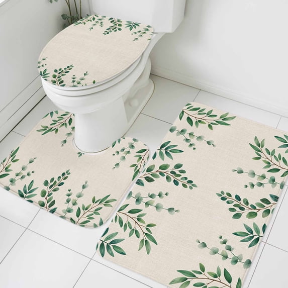 Green Leaf Bathroom Rugs Set Watercolor Pastoral Plant Vintage Linen Non Slip Absorbent Soft Bath Mats 3 Piece Set with Bathroom Rug, U-Shaped Floor Mat, Toilet Seat Cover Small Size