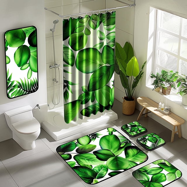 Green Leaf Bathroom Set with Shower Curtain Nature Inspired Decor for a ...