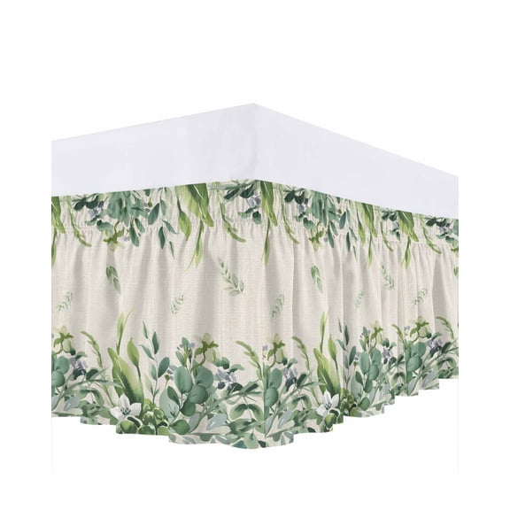 Green Leaf Bed Skirt King Size 16 Inch Drop, Summer Country Green Eucalyptus Leaves Linen Texture Adjustable Elastic Dust Ruffles Bedskirt for King Bed Wrap Around Pleated Mattress Frame Cover