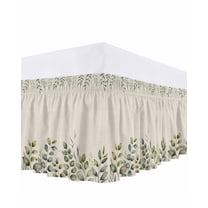 Green Leaf Bed Skirt King Size 18 Inch Drop, Plant Pastoral Watercolor Linen Texture Adjustable Elastic Dust Ruffles Bedskirt for King Bed Wrap Around Pleated Mattress Frame Cover