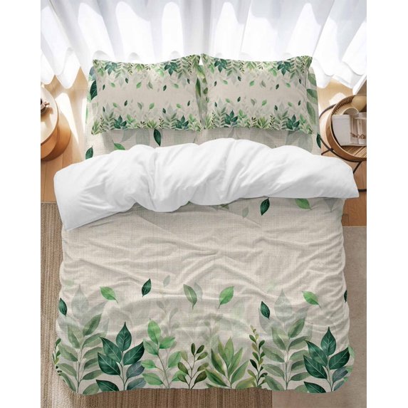 Green Leaf Bedding Duvet Cover Set Queen Size 4 Pieces Pastoral Plant Summer Leaf Vintage Linen Bedding Set with Zipper Closure, 1 Comforter Cover 90x92 Inches 1 Flat Sheet & 2 Pillow Cases