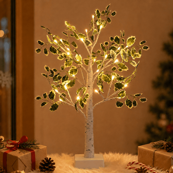 Faux Birch Tabletop Christmas Tree 2FT, 24 Warm White LED Lights with 3-Speed Timer, USB or Battery Powered, Green Leaf Desktop Decor for Home Office, Holiday Gift for Family