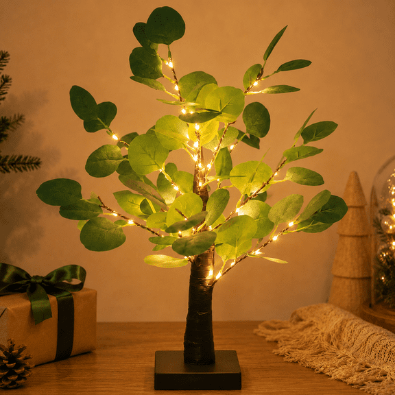 Faux Eucalyptus Tabletop Light Tree 2FT, 35 Warm LEDs with 3-Speed Timer, USB Battery Dual Power, Potted Plant for Home Desk,Christmas Ambiance & Cozy Art Night Light Gift