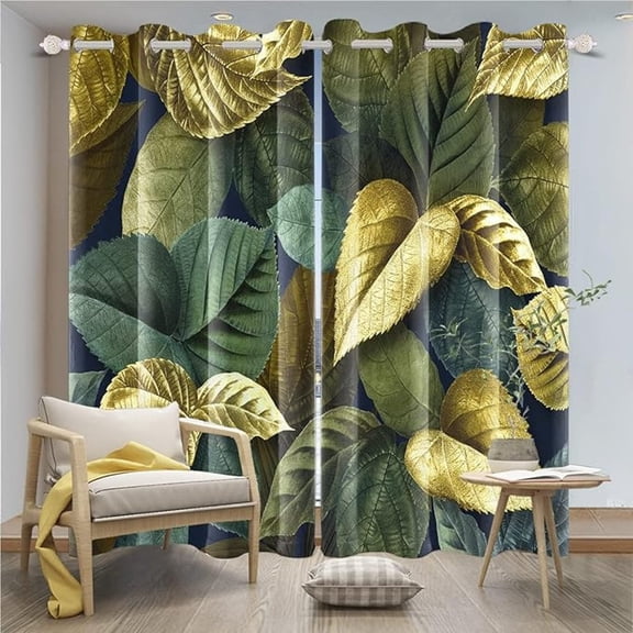 Green Leaf Blackout Curtains Lush Greenery Golden Green Leaves Woodland Plants Natural Landscape For Living Room Bedroom Window Drapes 26"W x 54"L (Pack of 2)