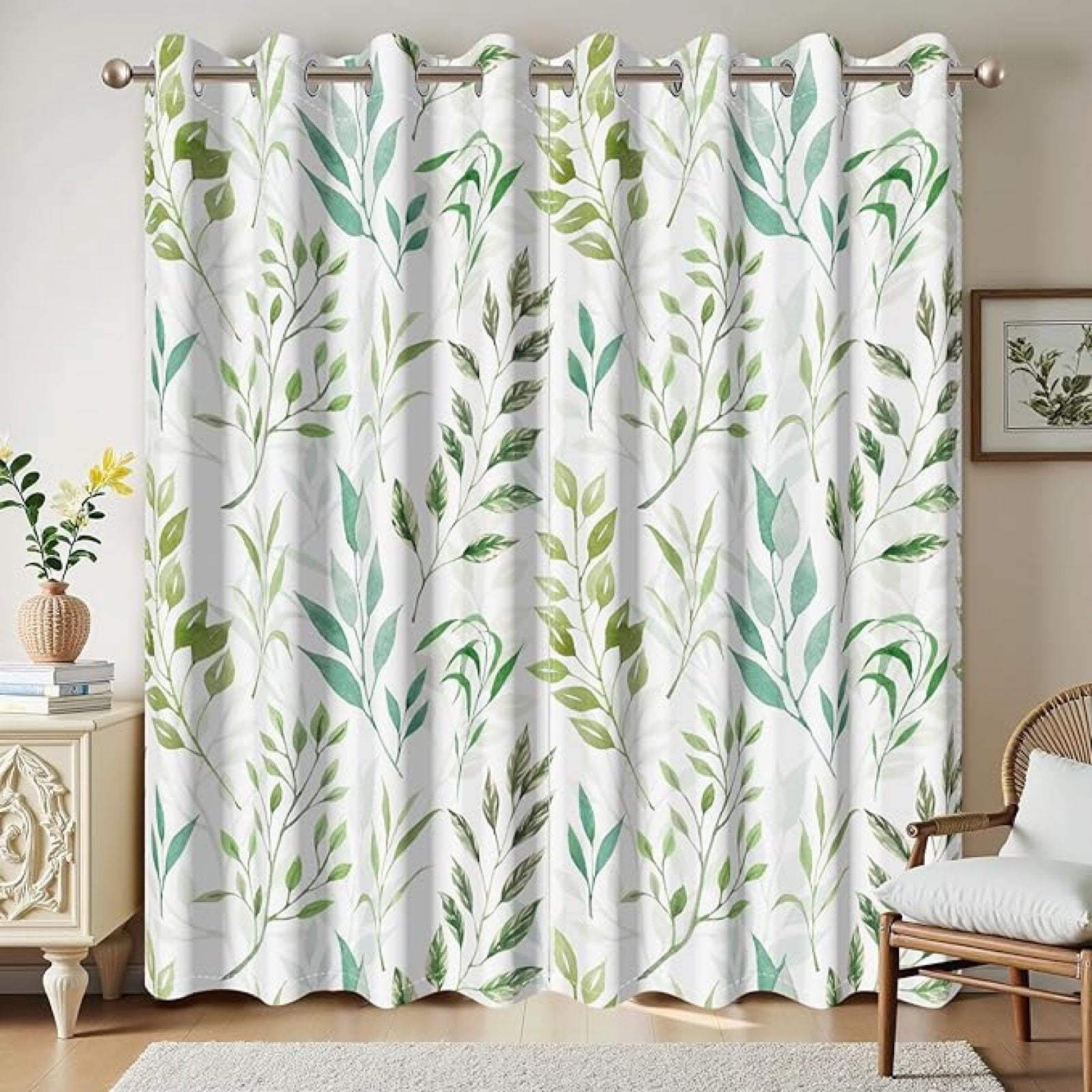 Green Leaf Blackout Curtains,Plants Branches Leaves Grommet Thermal ...