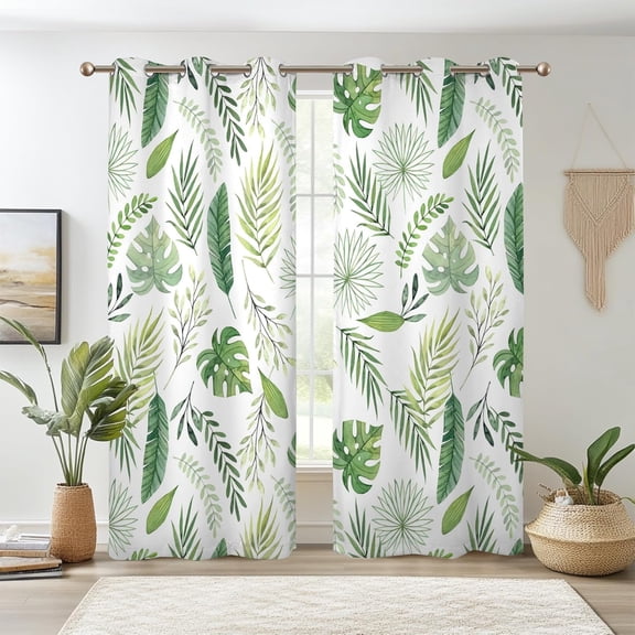 Green Leaf Blackout Curtains, Tropical Safari Plants Patterned Thermal Insulated Bedroom Window Curtains, Eucalyptus Botanical Window Curtains for Kitchen 26"W x 45"L (Pack of 2)