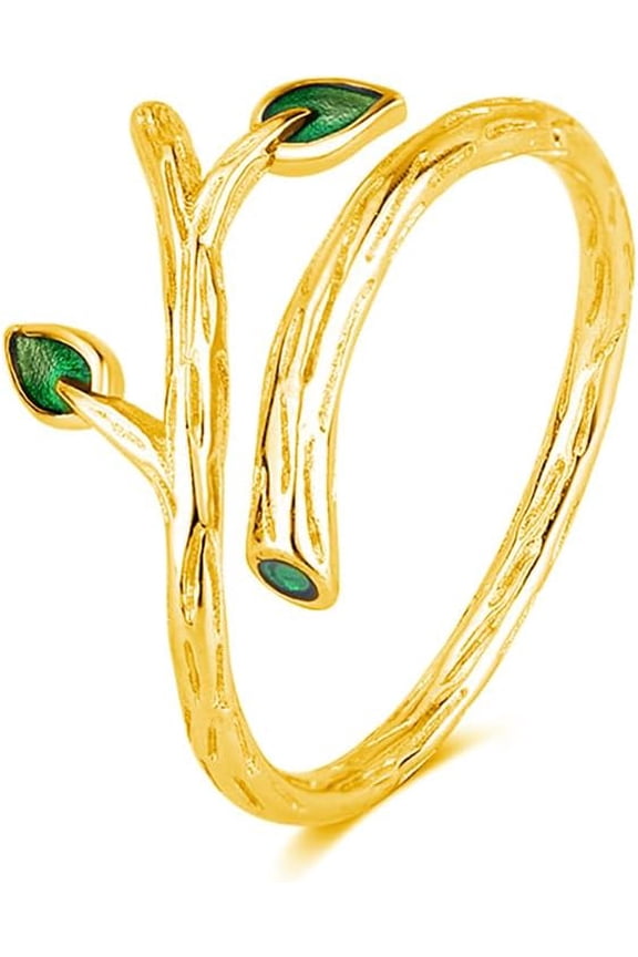 Green Leaf Branch Wrap Ring Band for Women - 925 Sterling Silver Enamel Leaves Stacking Adjustable Open Statement Finger Rings Fashion Birthday Engagement Jewelry for Mother