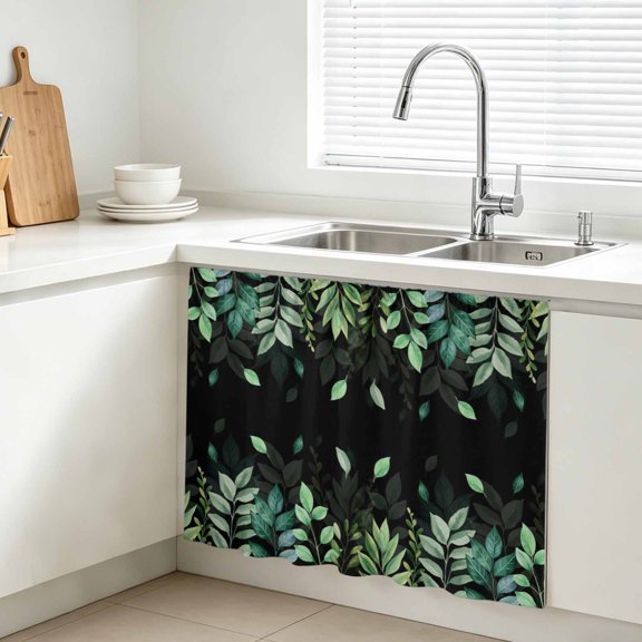 Green Leaf Cabinet Curtain, Pastoral Plant Summer Leaf Black Background Sink Skirt for Bathroom, Under Sink shelf Curtain Privacy Drape for Kitchen Laundry Room 10x11in