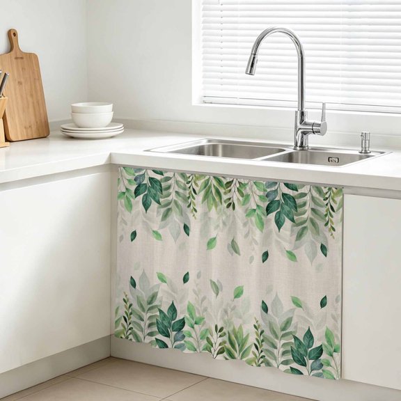 Green Leaf Cabinet Curtain, Pastoral Plant Summer Leaf Vintage Linen Sink Skirt for Bathroom, Under Sink shelf Curtain Privacy Drape for Kitchen Laundry Room 10x11in
