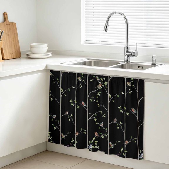 Green Leaf Cabinet Curtain, Vintage Spring Green Leaf Branches Plant Birds Black Sink Skirt for Bathroom, Under Sink shelf Curtain Privacy Drape for Kitchen Laundry Room 11x13in