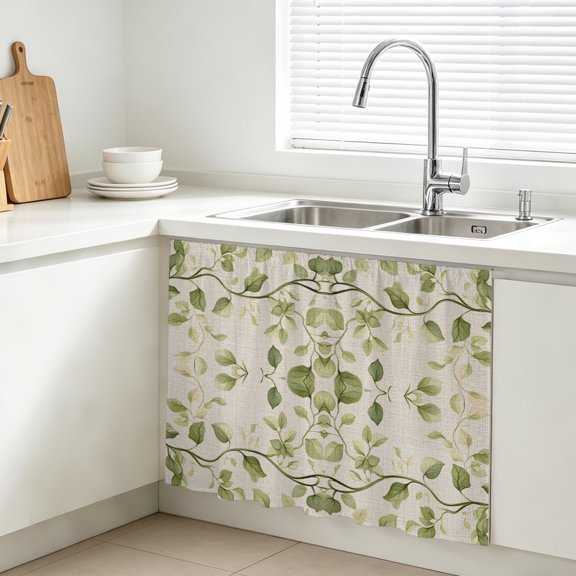 Green Leaf Cabinet Curtain, Vintage Spring Watercolor Green Leaf Branch Linen Texture Sink Skirt for Bathroom, Under Sink shelf Curtain Privacy Drape for Kitchen Laundry Room 10x11in
