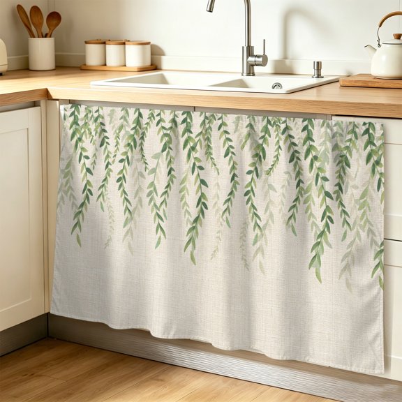 Green Leaf Cabinet Curtain, Watercolor Leaves Pastoral Plant Vintage Linen Sink Skirt for Bathroom, Under Sink shelf Curtain Privacy Drape for Kitchen Laundry Room 28x51in