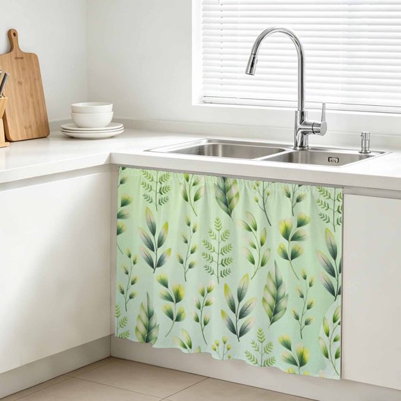 Green Leaf Cabinet Curtains for Kitchen 10"W x 11"L, Spring Plant Branch Abstract Botanical Gradient Under Sink Skirt Magic Tape Short Curtain Decorative Privacy Panel for Bathroom Laundry