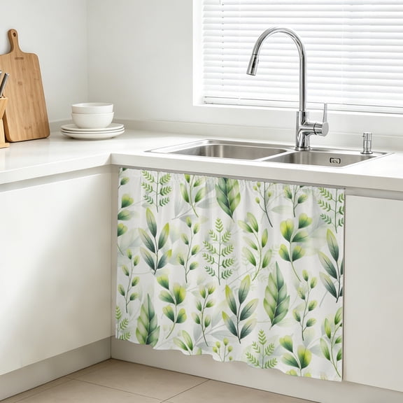 Green Leaf Cabinet Curtains for Kitchen 10"W x 11"L, Spring Plant Branch Gradient Abstract Shadow Under Sink Skirt Magic Tape Short Curtain Decorative Privacy Panel for Bathroom Laundry