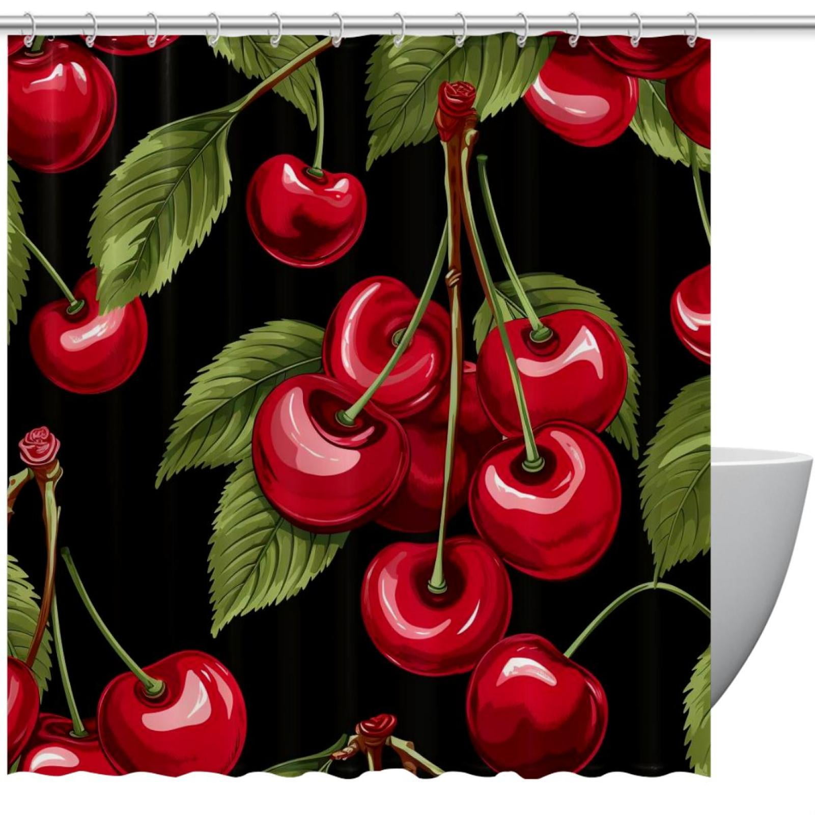 Green Leaf Cherry Shower Curtain for Bathroom, Waterproof and Durable