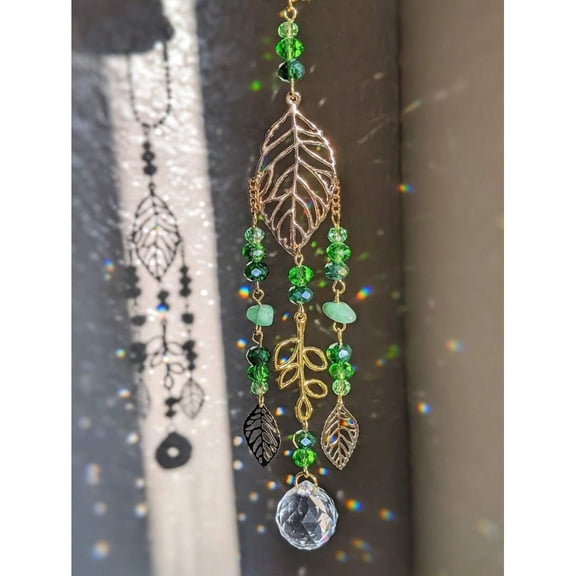 Green Leaf Crystal Hanging Ornament For Garden, Car Mirror Or Home Decor