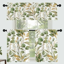 Green Leaf Curtain for Kitchen Bathroom Elegant Golden Floral Rod Pocket Window Tier Curtains Valance Set 3 Pcs Plant Printed Short Curtains 54 x 18 inches   27 x 36 inches *2