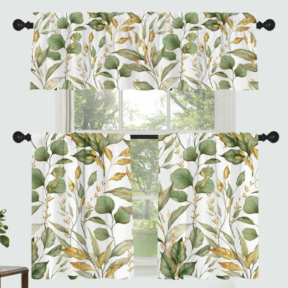 Green Leaf Curtain for Kitchen Bathroom Elegant Golden Floral Rod Pocket Window Tier Curtains Valance Set 3 Pcs Plant Printed Short Curtains 54 x 18 inches + 27 x 36 inches *2
