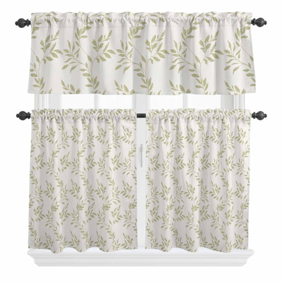 Green Leaf Curtain Valances Set Vintage Farmhouse Botanical Plant Linen Kitchen Curtains 36 inch Length Rod Pocket Valance and Tiers 3 Piece Set Small Bedroom Bathroom Laundry Decor