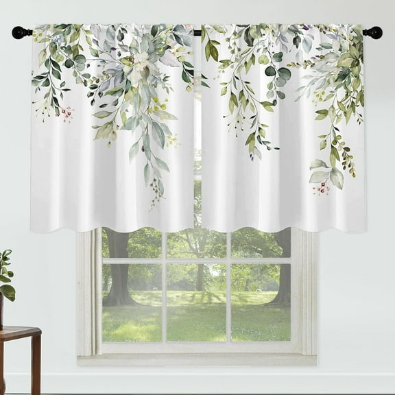 Green Leaf Curtains 27 Inches Wide 36 Inches Length 2 Panels Elegant Floral Rod Pocket Window Curtain Plant Printed Short Curtains for Kitchen Bathroom