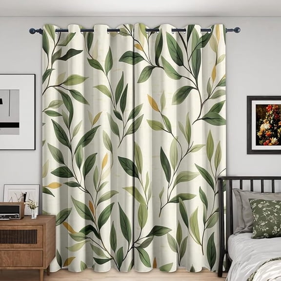 Green Leaf Curtains For Bedroom - Botanical Blackout Curtains For Bedroom Living Room, Leaves Window Curtain, Leaf Home Decor Curtain, Drapes 26"W x 63"L (Pack of 2)