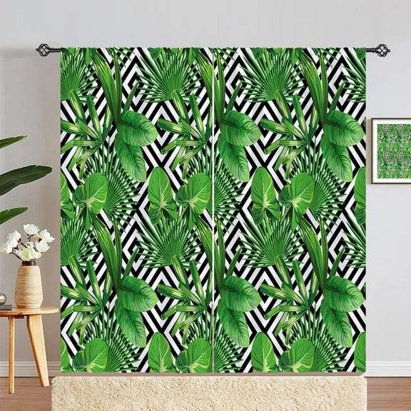 Green Leaf Curtains Rod Pocket Blackout Room Darkening Curtains with Banana Palm Leaf Black Lattice Print Pattern Tropical Theme Window Drapes for Bedroom Living Room, 2 Panels, 52 x 84 Inch