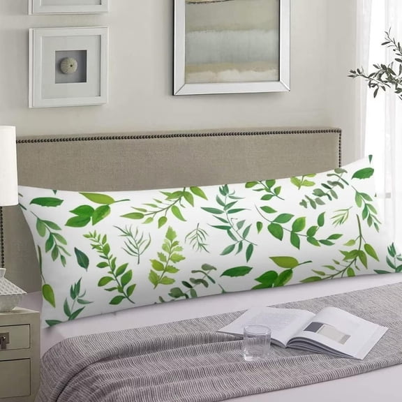 Green Leaf Decorative Pillow Cover, 20"x54" Polyester, Floral Spring Plant Leaves Design, Zipper Closure