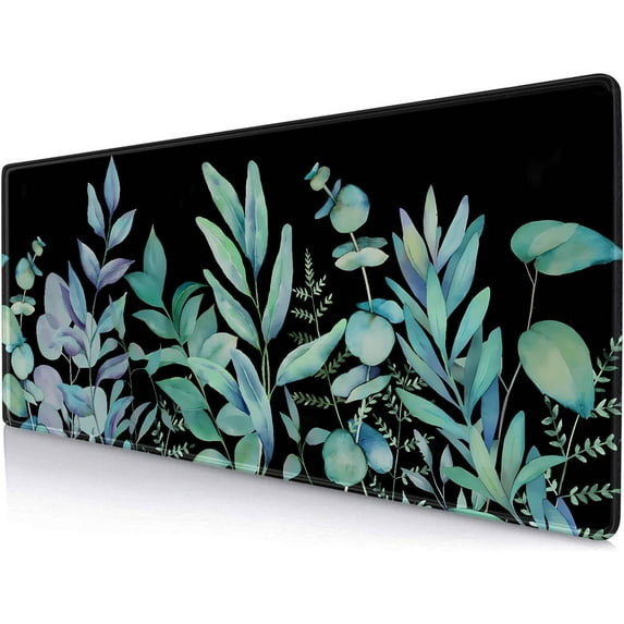 Green Leaf Desk Mat, Botanical Plant Gaming Mouse Pad, Black XL Long Mousepad, Desk Decor Office Gift, 31.5 X 11.8 Inch