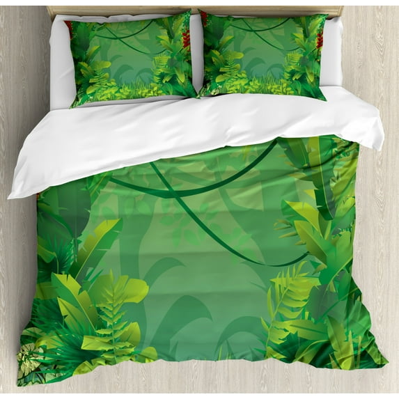 Green Leaf Duvet Cover Set King Size, Hawaiian Rainforest Tropical Climate Island Vegetation Foliage, Decorative 3 Piece Bedding Set with 2 Pillow Shams, Jade Green Apple Green Red, by Ambesonne