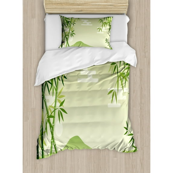 Green Leaf Duvet Cover Set Twin Size, Abstract Bamboo Trees in Japanese Forest Botanical Oriental Outdoors, Decorative 2 Piece Bedding Set with 1 Pillow Sham, Lime Green Pale Green, by Ambesonne