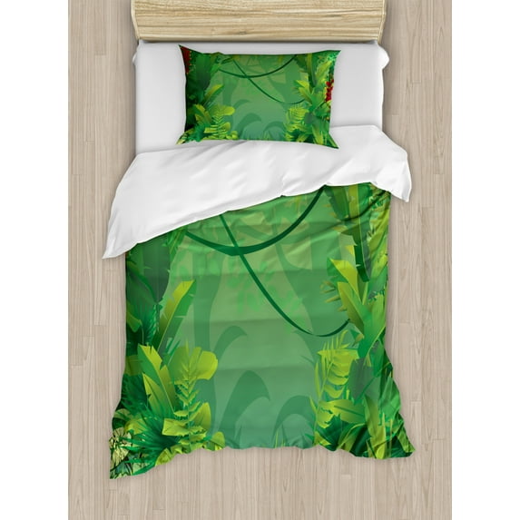 Green Leaf Duvet Cover Set Twin Size, Hawaiian Rainforest Tropical Climate Island Vegetation Foliage, Decorative 2 Piece Bedding Set with 1 Pillow Sham, Jade Green Apple Green Red, by Ambesonne