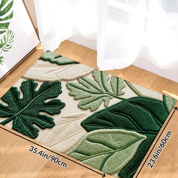 Green Leaf Embroidered Rug Pattern Soft Small Velvet Area Rugs Non Slip Indoor Floor Carpet for Living Room Bedroom Decor