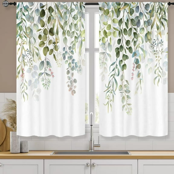 Green Leaf Eucalyptus Kitchen Curtains Rod Pocket Olive Green Leaves Floral Vine Abstract Botanical Blue Plant Small Short Tier Cafe Curtain Window Treatment Drapes(27.5W X 39L Inch 2 Panels)