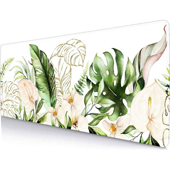 Green Leaf Extended Mouse Pad, Large Mouse Pad with Non-Slip Rubber Stitched Edges, Floral Keyboard Mat, Desk Accessories for Women Office Mousepad Computer Laptop, 31.5X 11.8 in, Plant Boho