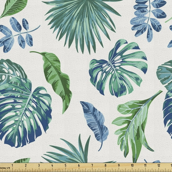 Ambesonne Green Leaf Fabric by the Yard Upholstery, Monstera Coconut Palm, 10 Yards, Turquoise and Navy Blue