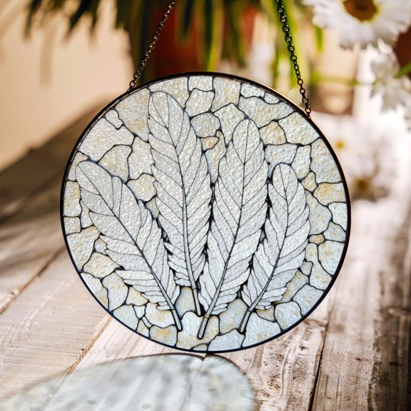 Green Leaf Feather Glass Suncatcher, Nature Window Decor, Nature Lovers, 7.9 in