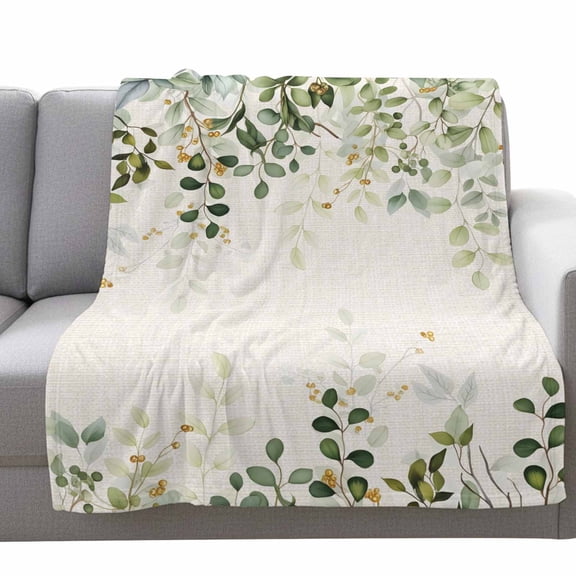 Green Leaf Fleece Throw Blanket Lightweight Watercolor Eucalyptus Leaves Farmhouses Fuzzy Flannel Throws Super Soft Cozy Flannel Blanket for Couch, Sofa, Bed, Travel 50"x80"