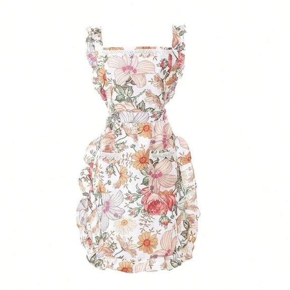 Green/Leaf Floral Bib Apron With Lace Trim And Two Pockets, Ruffled Kitchen Cooking Apron For Women