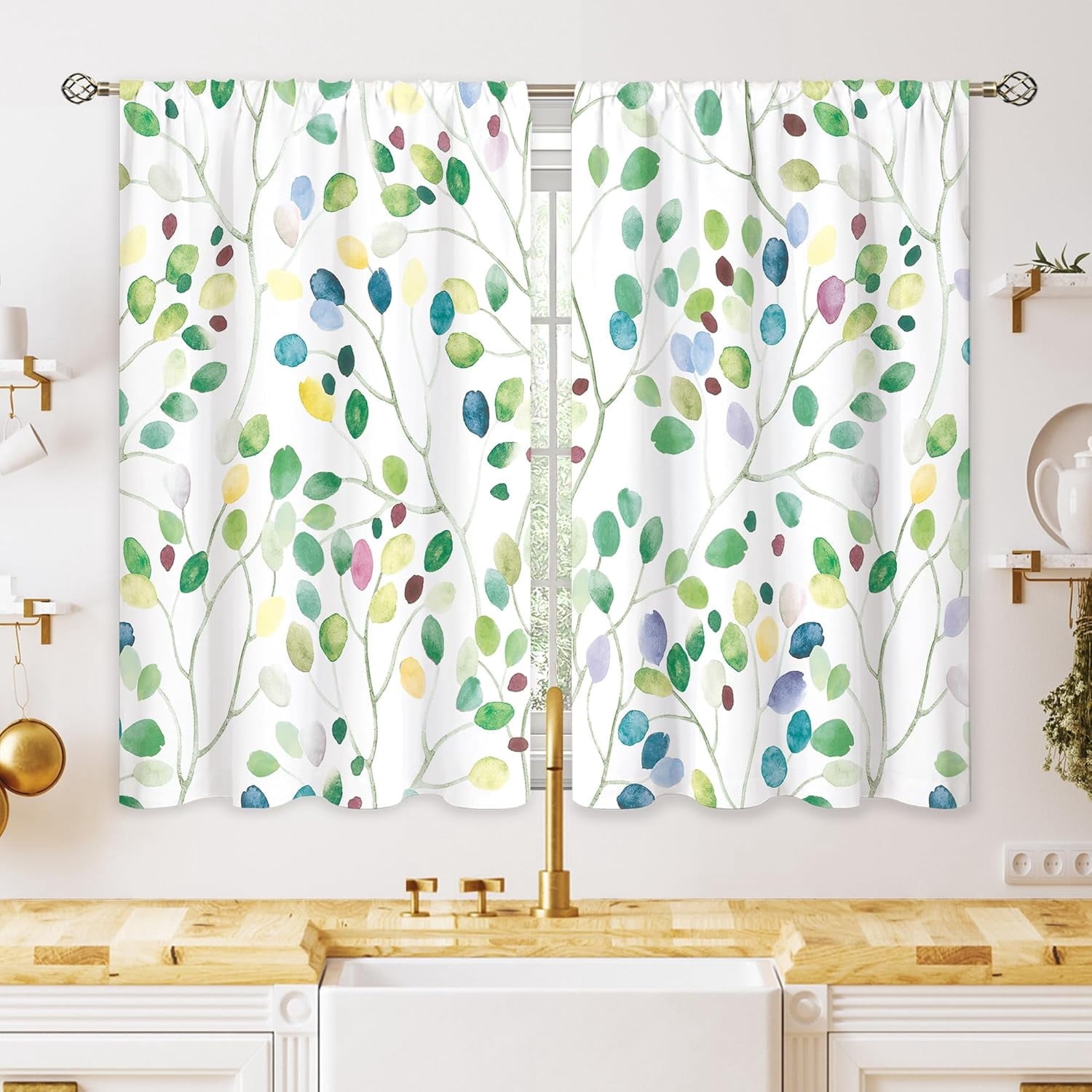 Green Leaf Floral Small Kitchen Curtains Leaf Botanical Window Treatment Flower Autumn Cafe Short Window Curtains for Bathroom Dining Room Botanical Spring Tier Treatment Drapes 27.5x39 inch