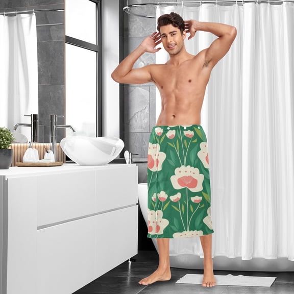 Green Leaf Flower Pattern Men Bath Towel Adjustable Body Wrap for Sauna Spa Gym Shower After Soft Cover Up