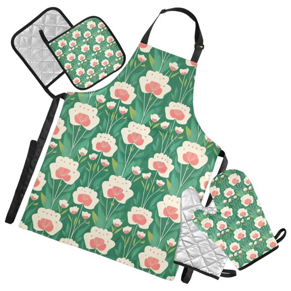 Green Leaf Flower Pattern Oven Mitts and Pot Holders with Chef Apron Set 5 Pcs Kitchen Cooking Set