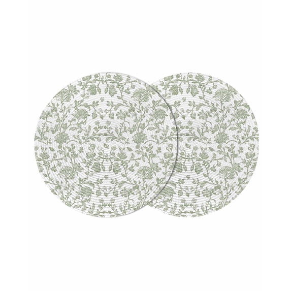 Green Leaf Flower Round 15 Inch Placemats Set of 2, Vintage Farmhouse Bohemian Spring HeatResistant Non Slip Place Mats for Dining Table, Wipeable Braided Kitchen Table Mats for Housewarming